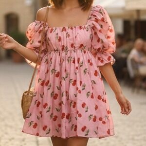 Smak Parlour Pink Cherry Print Puff Sleeve Mini Dress Small Retro Summer Kawaii